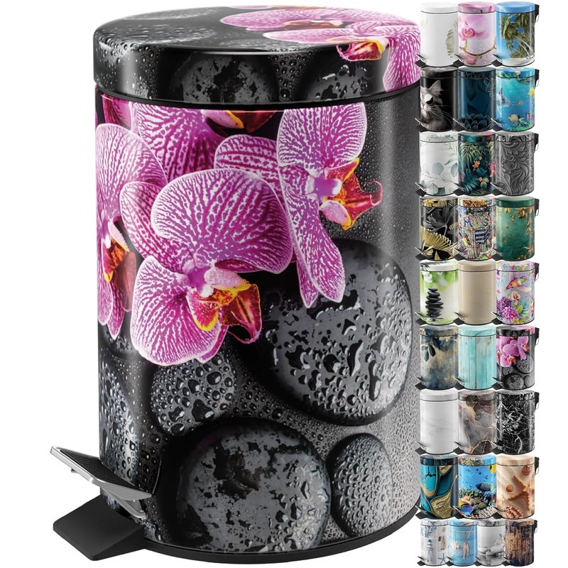 Sanilo Small Bathroom Trash Can with Lid [1.3 Gallon] - Lidded Tiny Trashcan for Garbage - Mini Metal Bin with Soft Closing Mechanism - Bath Room Accessoire Wastebin with Inner Bucket (Madeira) - Image 1